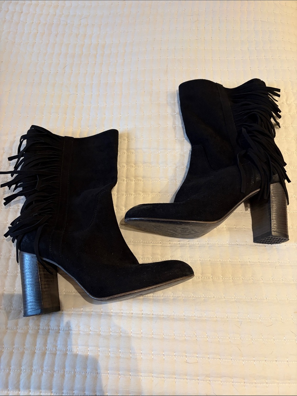 Black Fringe Suede Block Heel Ankle Boots - Women
